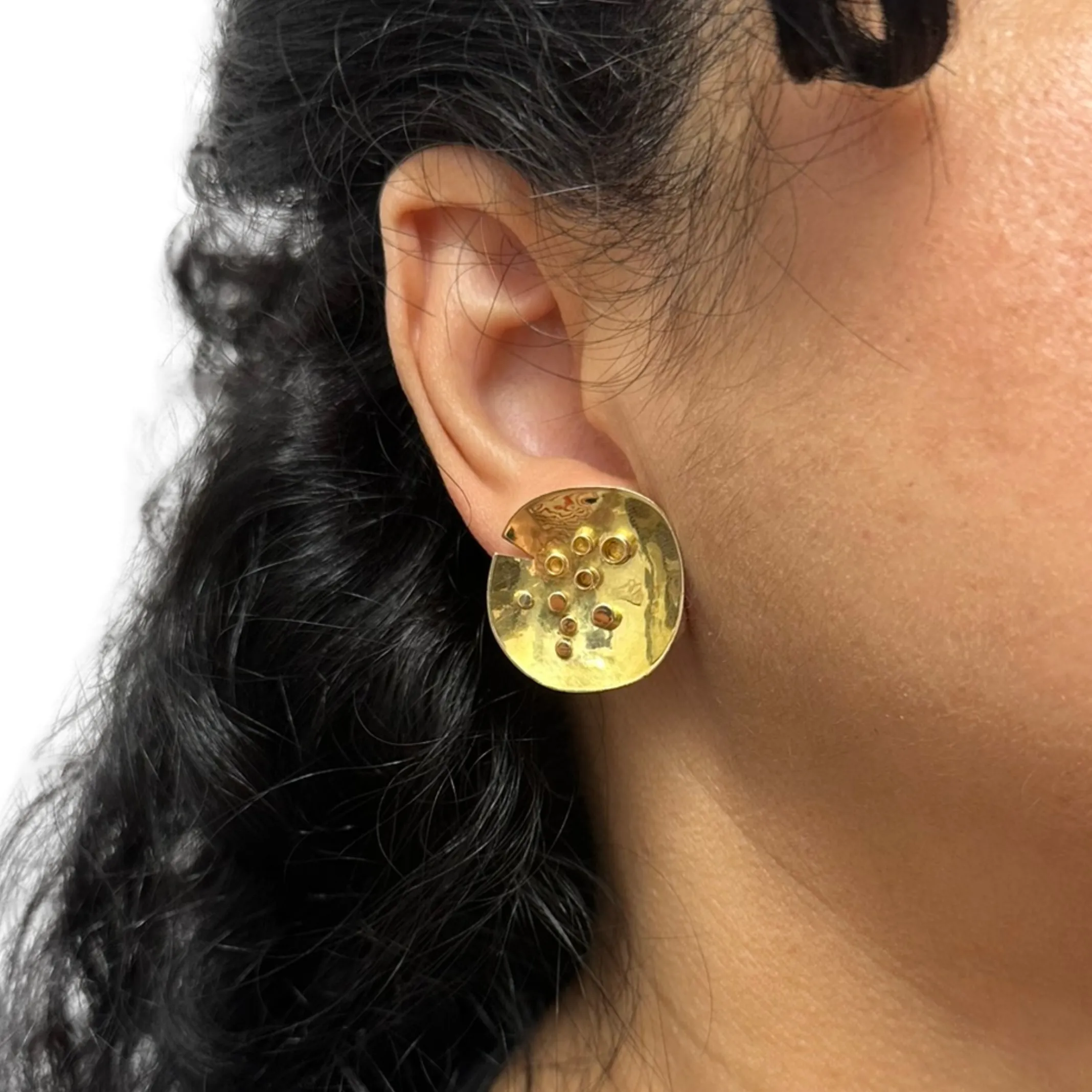 Estate Signed 18k Yellow Gold Brutalist Style Earrings