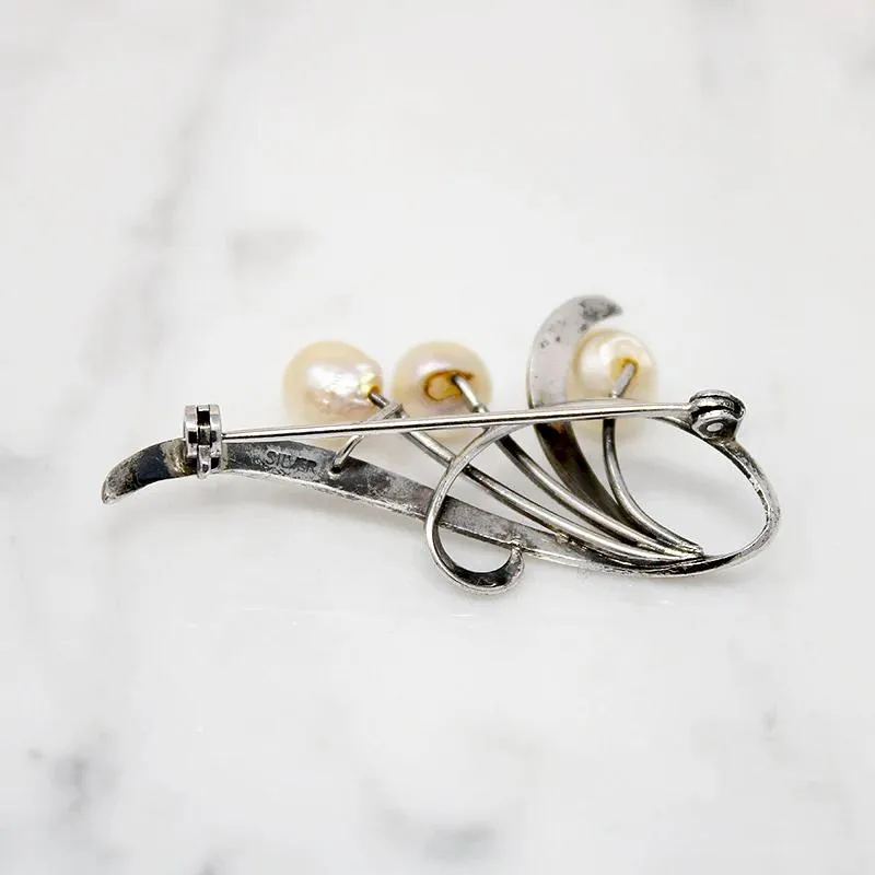 Graceful Silver Brooch with Three Pearls