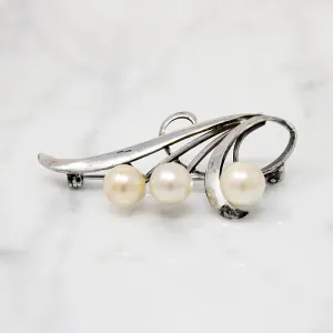Graceful Silver Brooch with Three Pearls