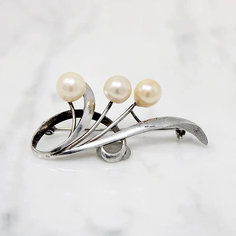 Graceful Silver Brooch with Three Pearls