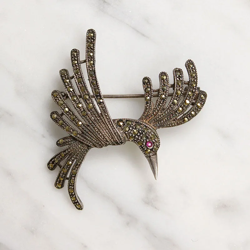 Graceful Sterling Silver & Marcasite Bird Brooch