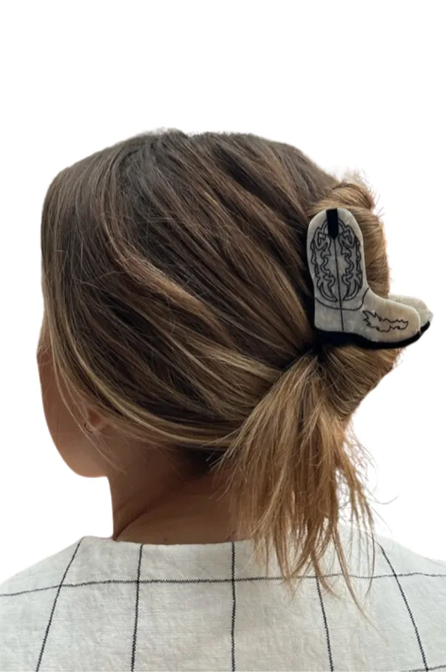 Hand-Painted Cowboy Boot Claw Hair Clip White
