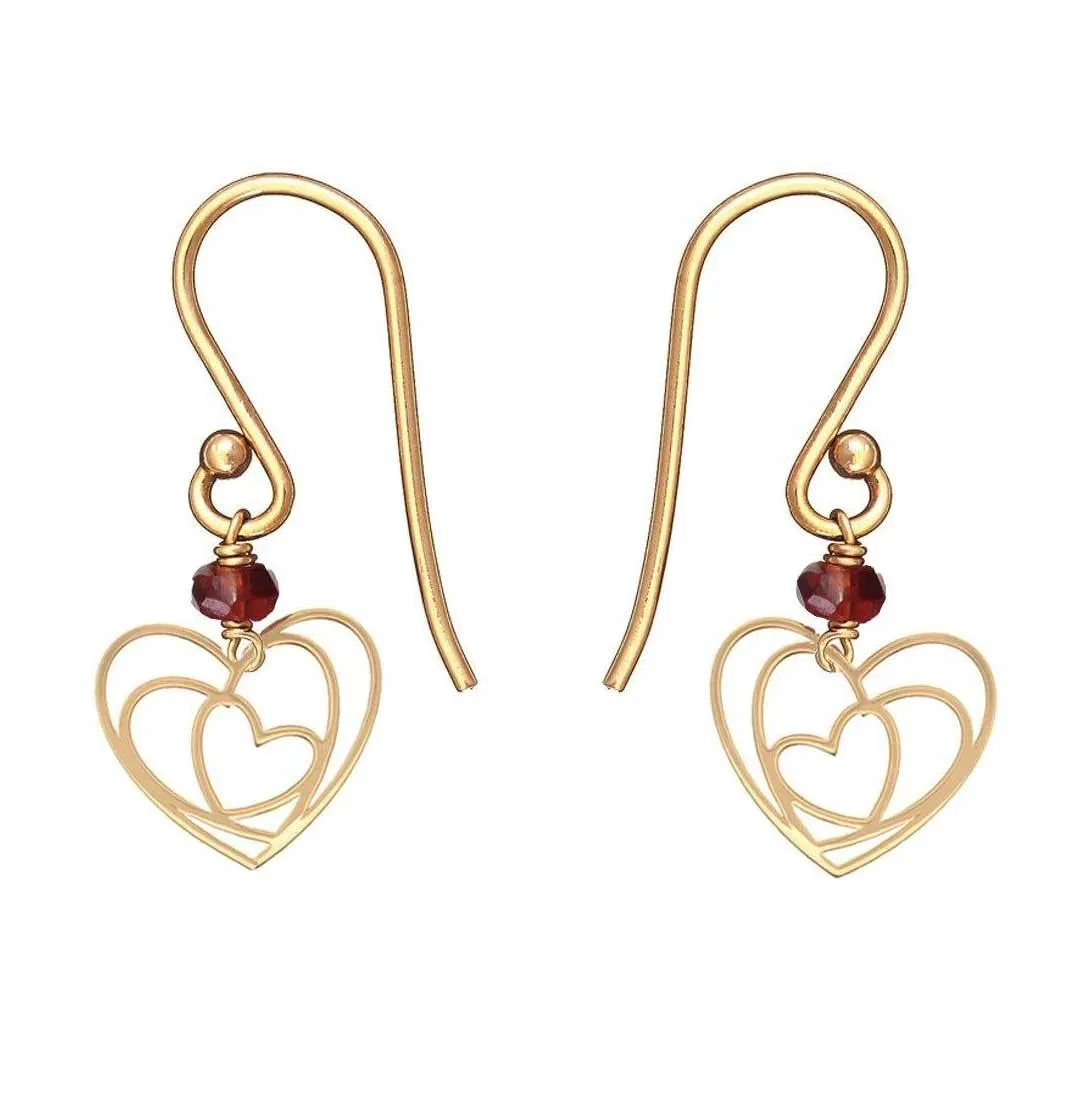 Heart Short Earrings-18k Yellow Gold-Red Garnet
