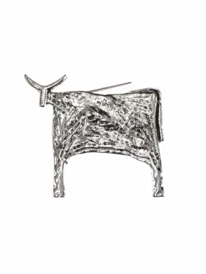 Hot Tomato Na?ve Folk Art Steer Brooch in Silver