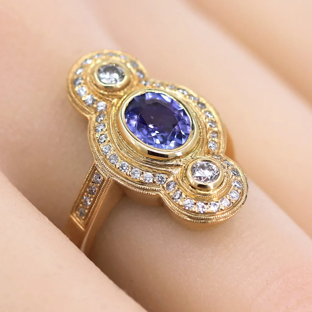 Just Jules Tanzanite White Diamond Art Deco Gold Ring