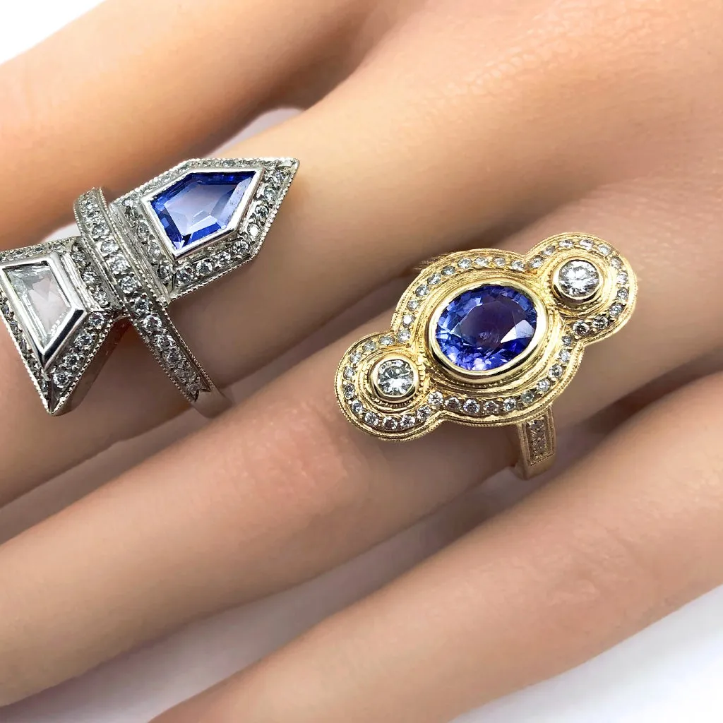 Just Jules Tanzanite White Diamond Art Deco Gold Ring
