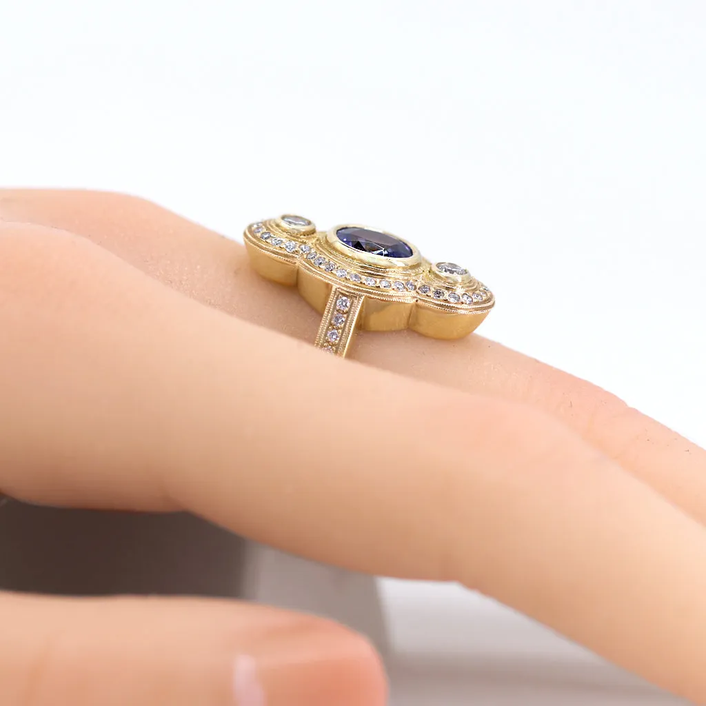 Just Jules Tanzanite White Diamond Art Deco Gold Ring