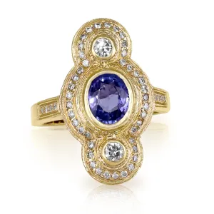 Just Jules Tanzanite White Diamond Art Deco Gold Ring