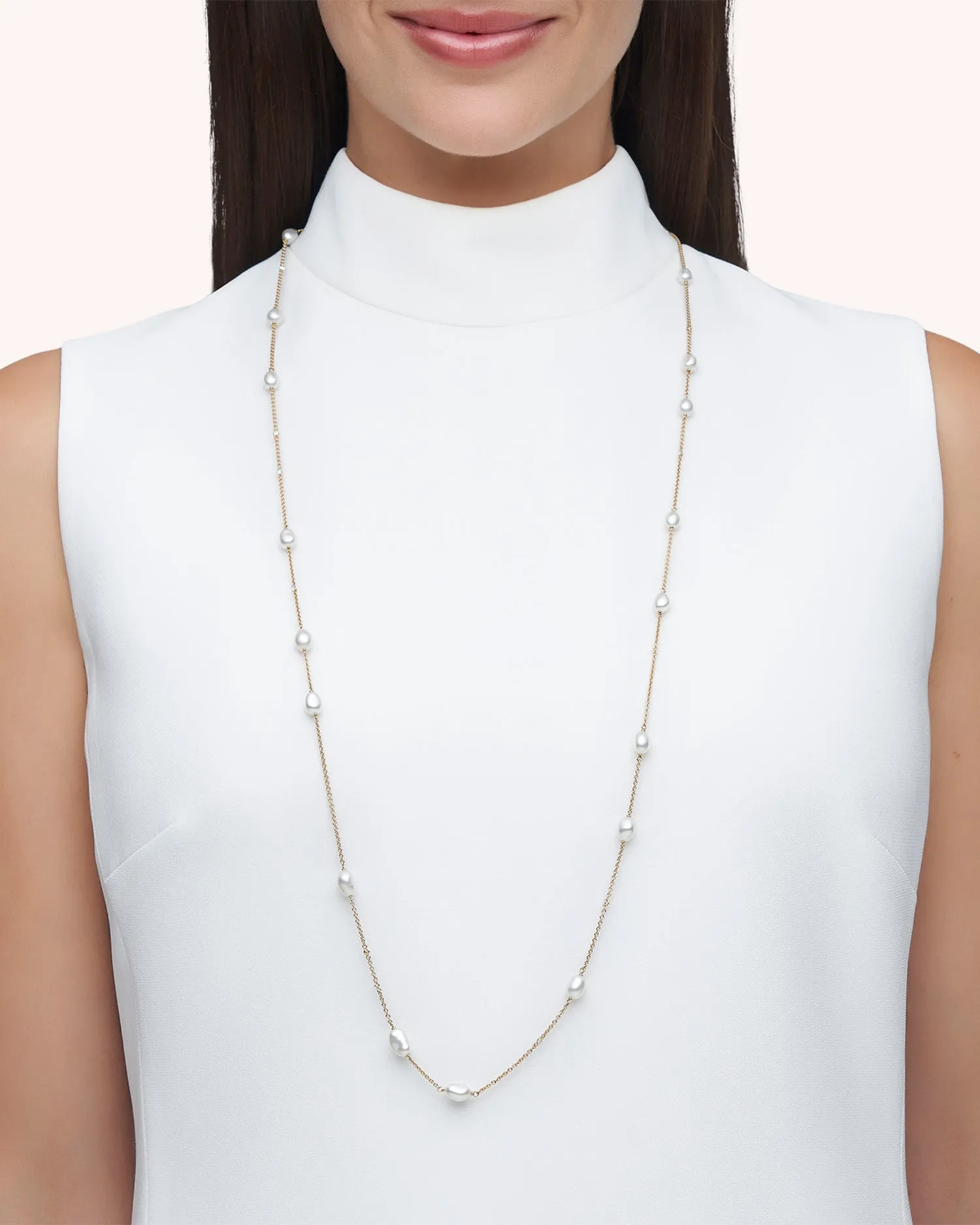 Keshi Pearl Long Chain Necklace | 5mm Keshi Pearls, Diamonds, and Yellow Gold