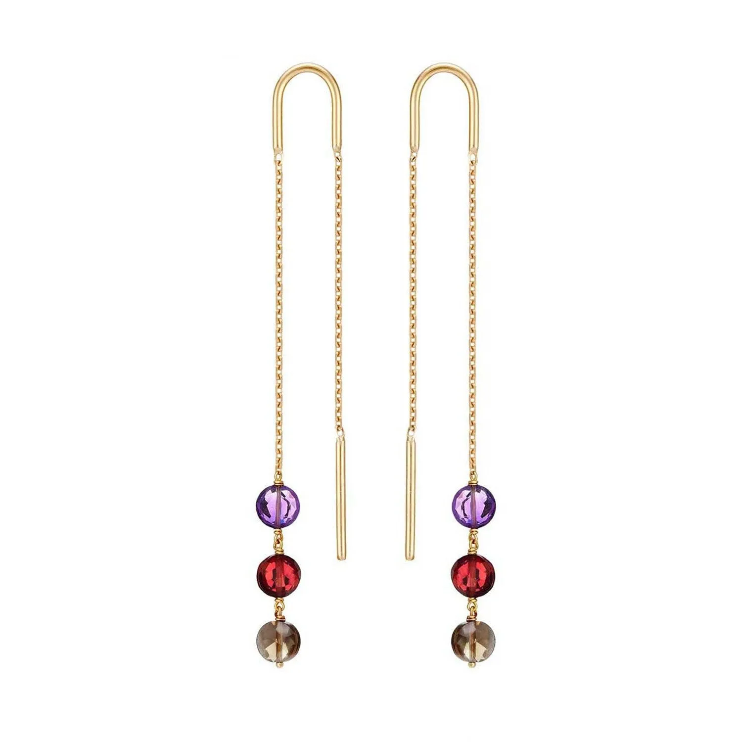 Long Trio Threader Earrings 18k Gold Amethyst Red Garnet Smoky Quartz