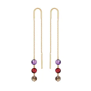 Long Trio Threader Earrings 18k Gold Amethyst Red Garnet Smoky Quartz