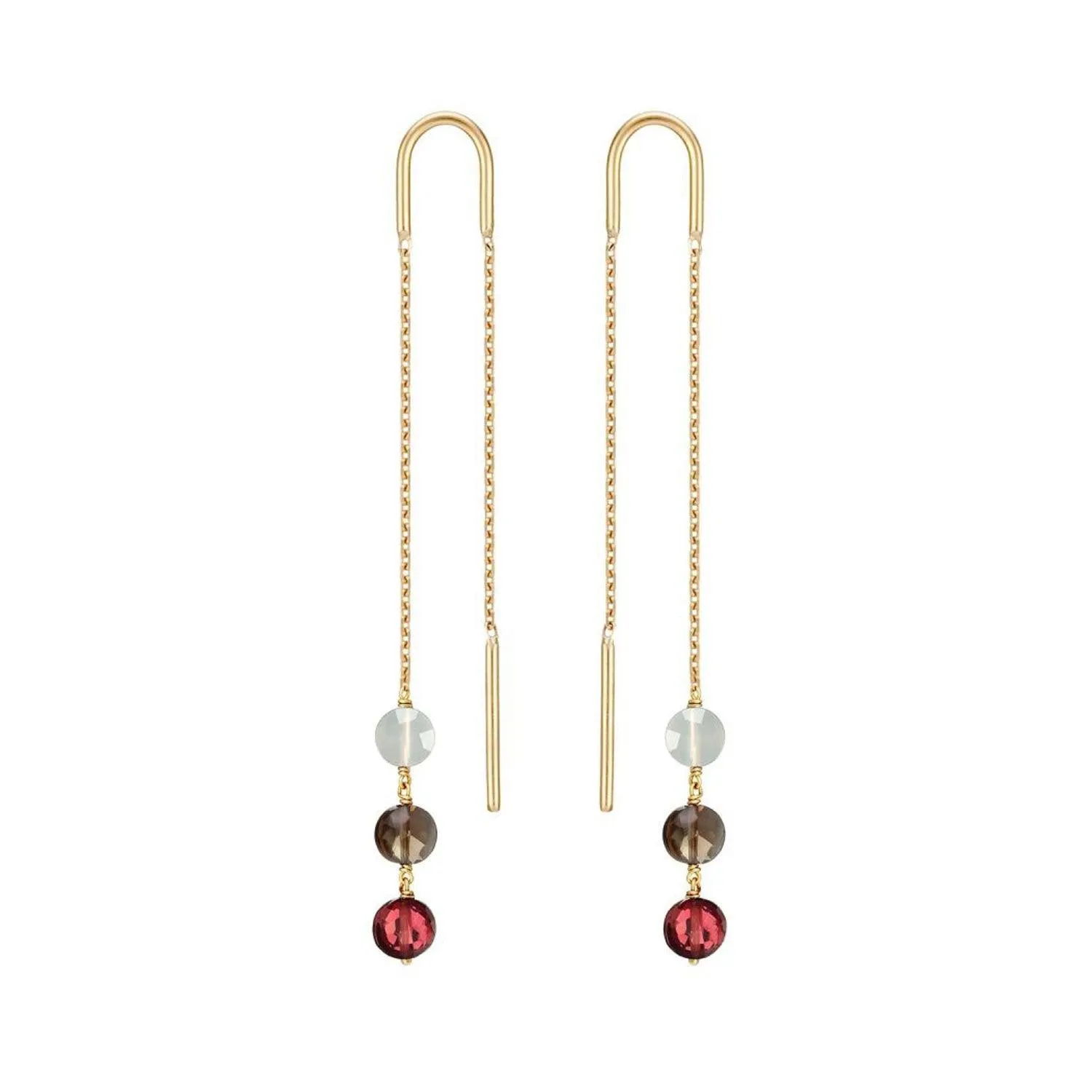 Long Trio Threader Earrings 18k Gold Moonstone Garnet Smoky Quartz