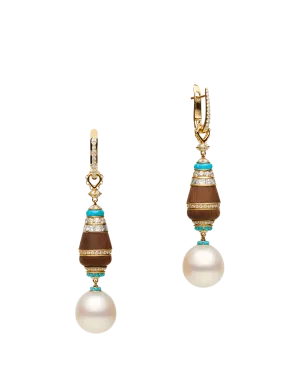 Lugger Wood Pearl Earrings | 12mm Drop Pearls, Turquoise, and Yellow Gold