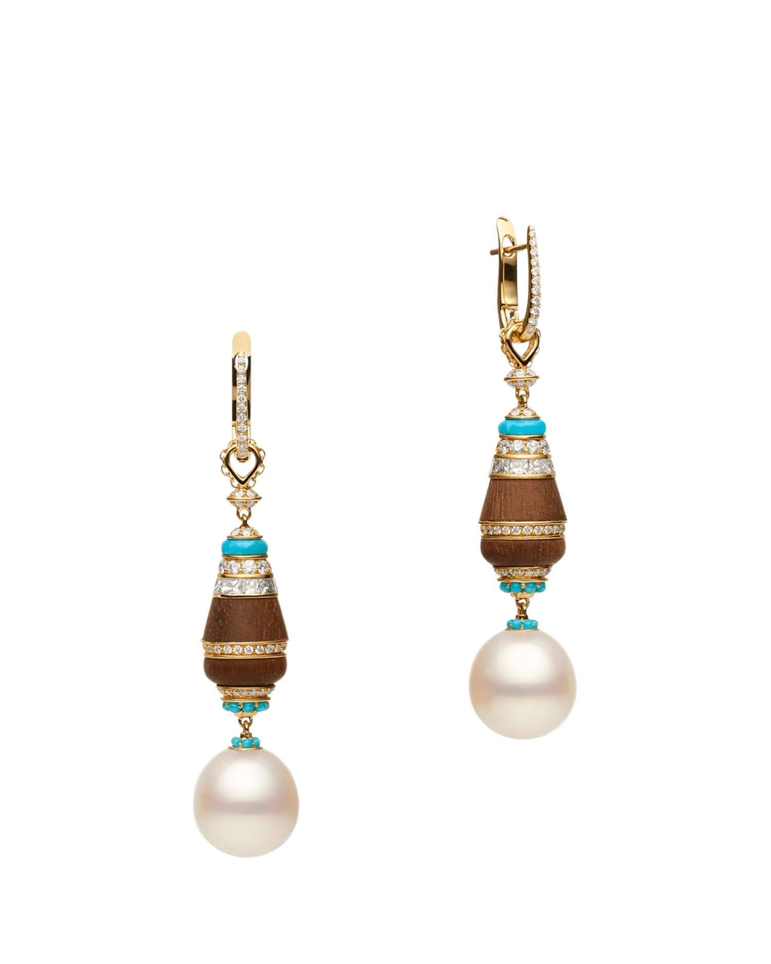 Lugger Wood Pearl Earrings | 12mm Drop Pearls, Turquoise, and Yellow Gold