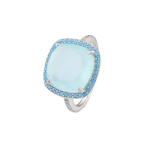 Rhodium plated 925 silver ring assembled with aqua chalcedony, nano turquoise and zirconium oxide