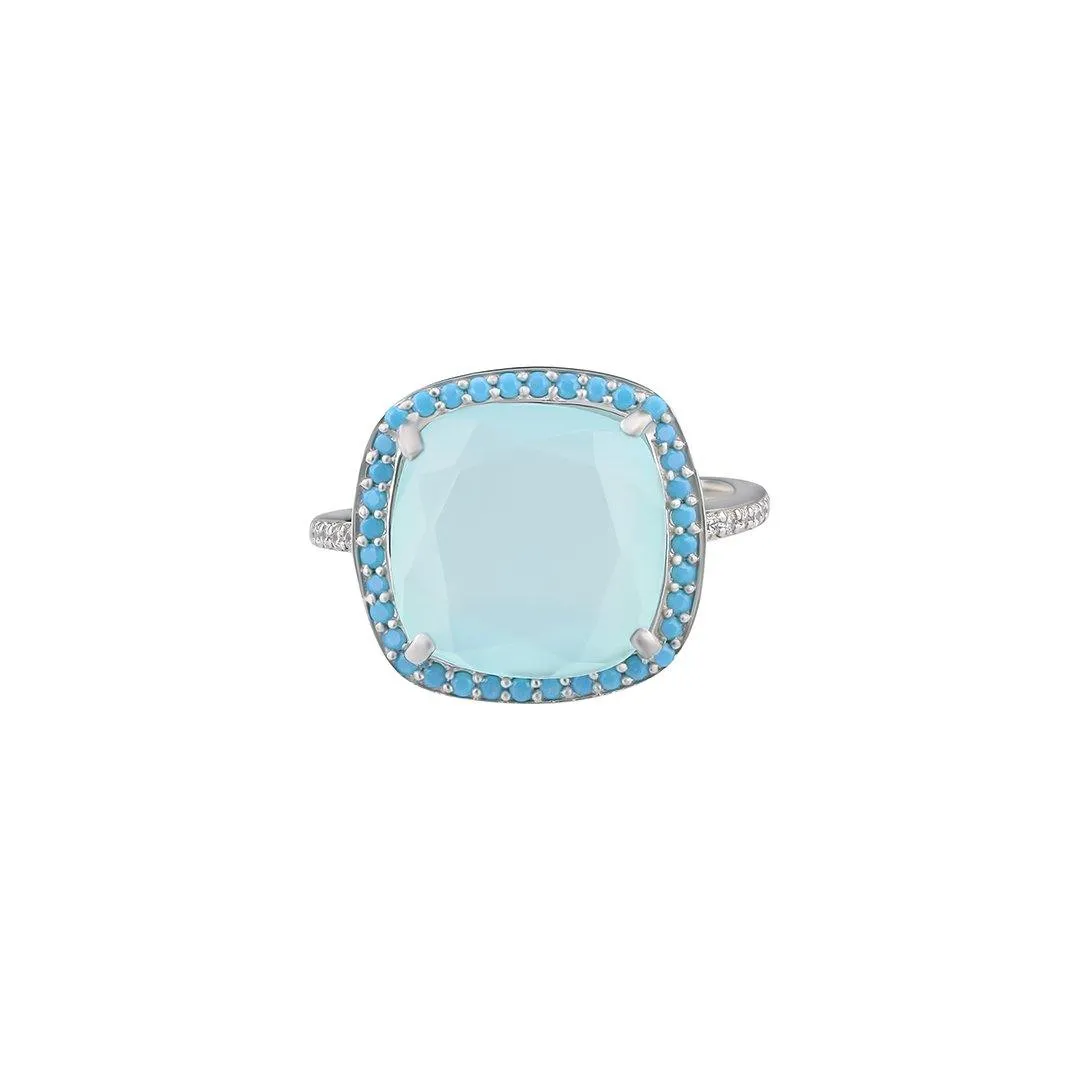 Rhodium plated 925 silver ring assembled with aqua chalcedony, nano turquoise and zirconium oxide