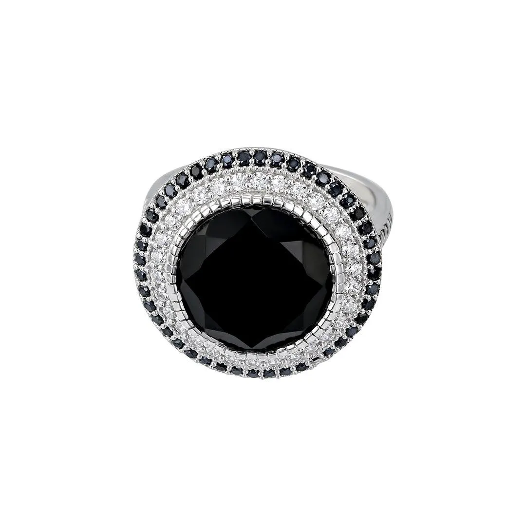 Rhodium plated 925 silver ring assembled with black onyx, black spinel and zirconium oxide