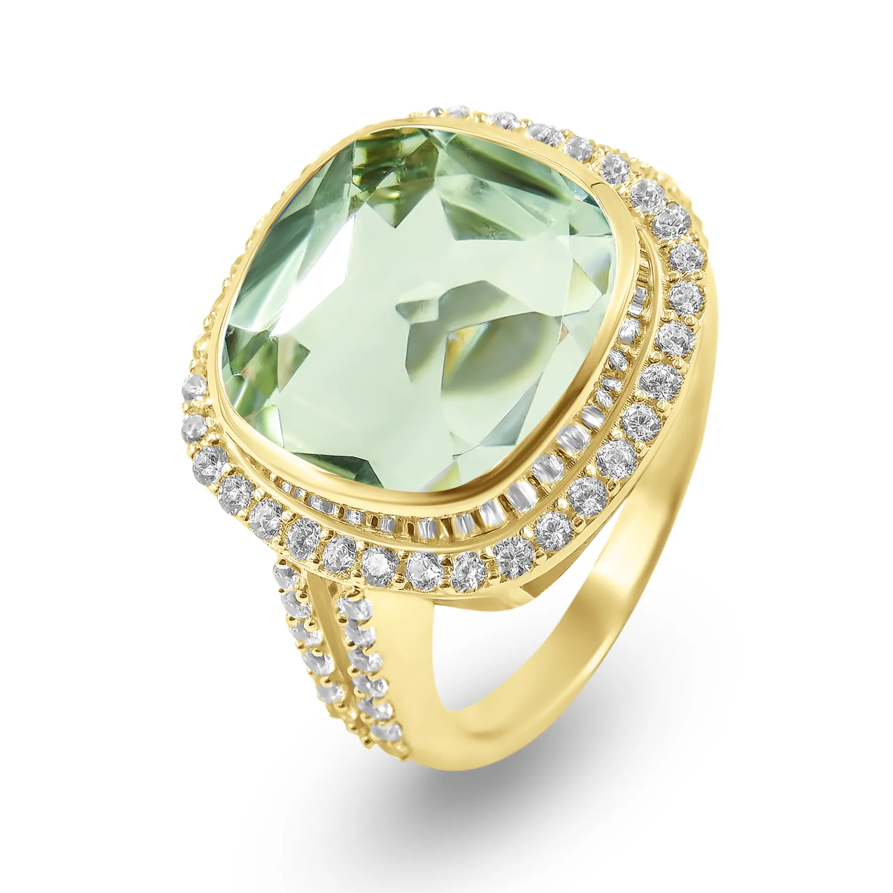 Ring in 925 silver gilded with 18k yellow gold assembled with green amethyst and zirconium oxide