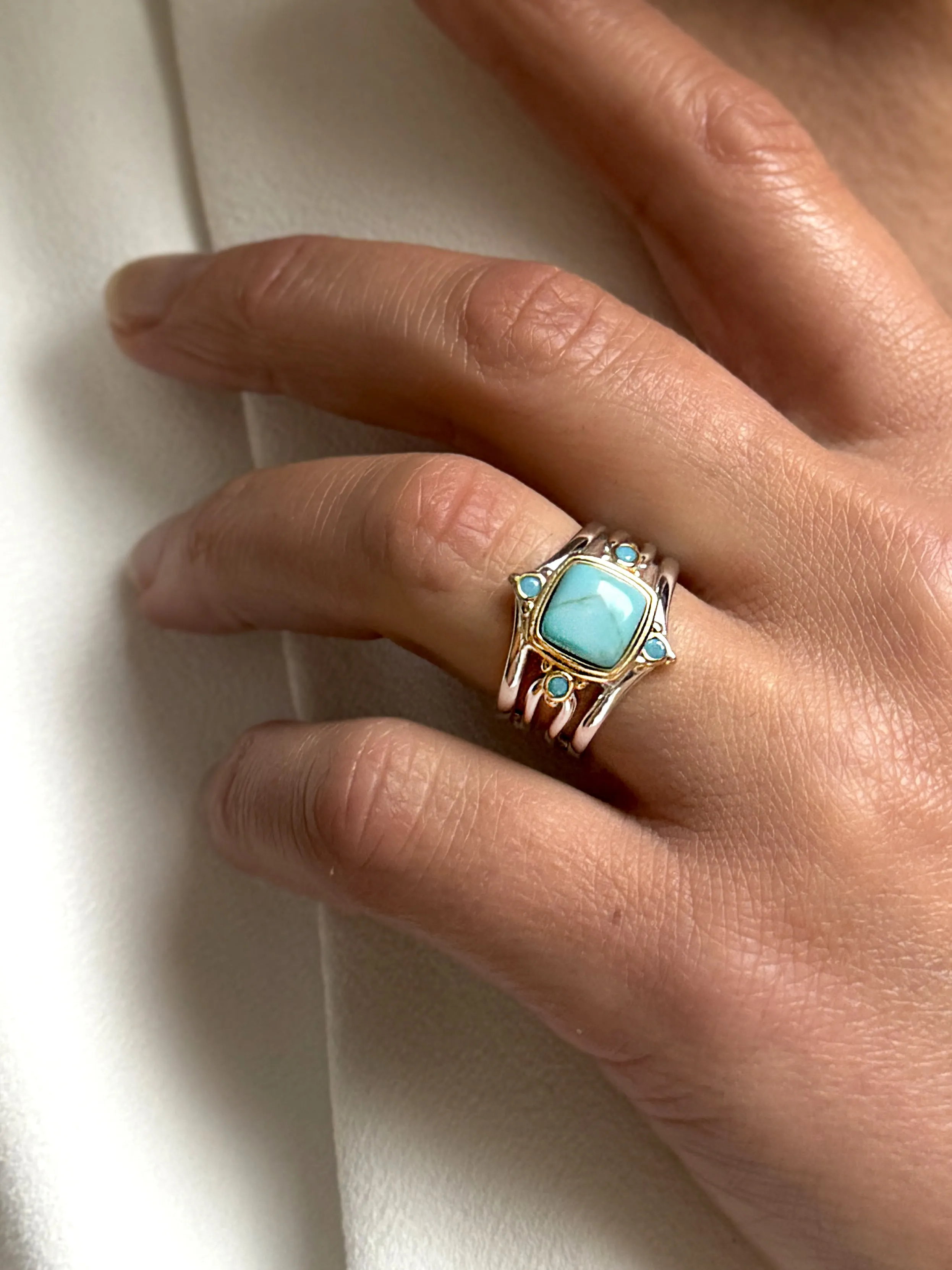 Ring in 925 Silver plated Silver and 18k Yellow Gold assembled with Turquoise