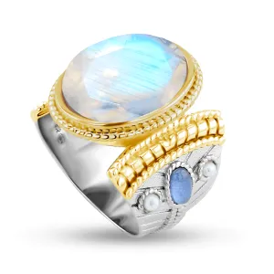 Ring in 925 Silver plated with Silver and 18k Yellow Gold assembled with Faceted Moonstone, White Pearl and Tanzanite Zirconium Oxide