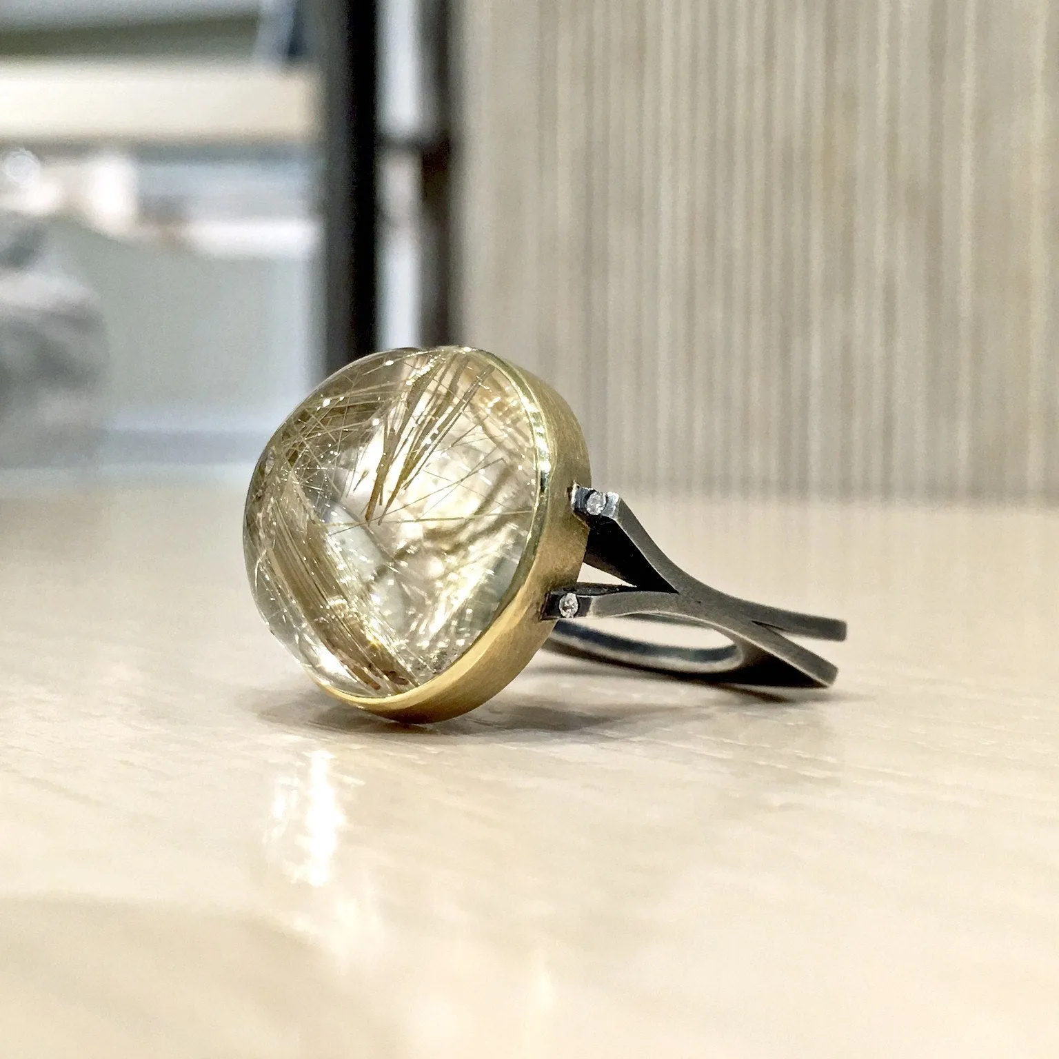 Robin Waynee Golden Rutilated Quartz Diamond Silver Gold Dome Ring