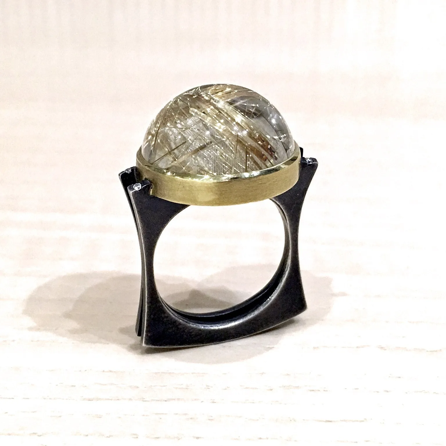 Robin Waynee Golden Rutilated Quartz Diamond Silver Gold Dome Ring