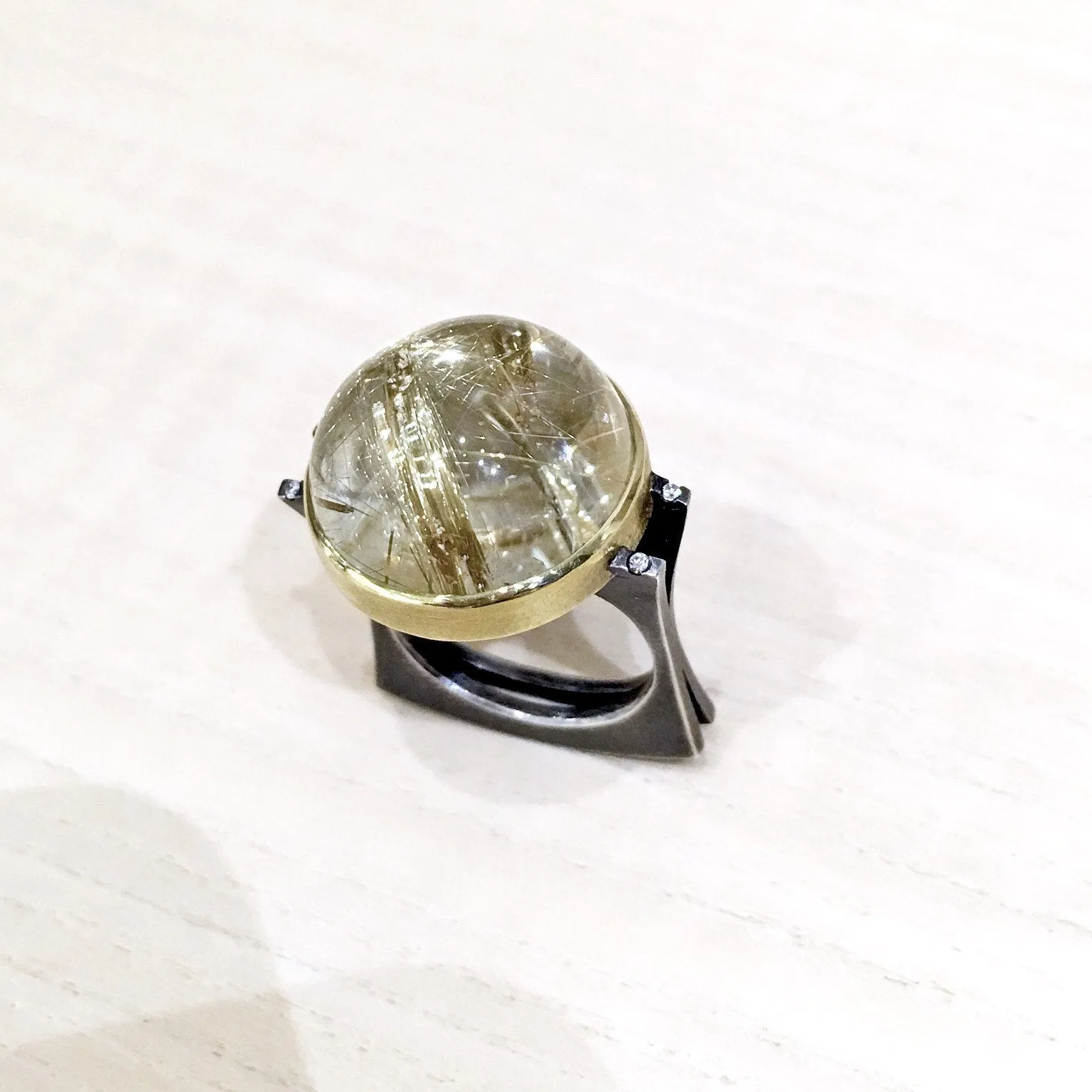 Robin Waynee Golden Rutilated Quartz Diamond Silver Gold Dome Ring