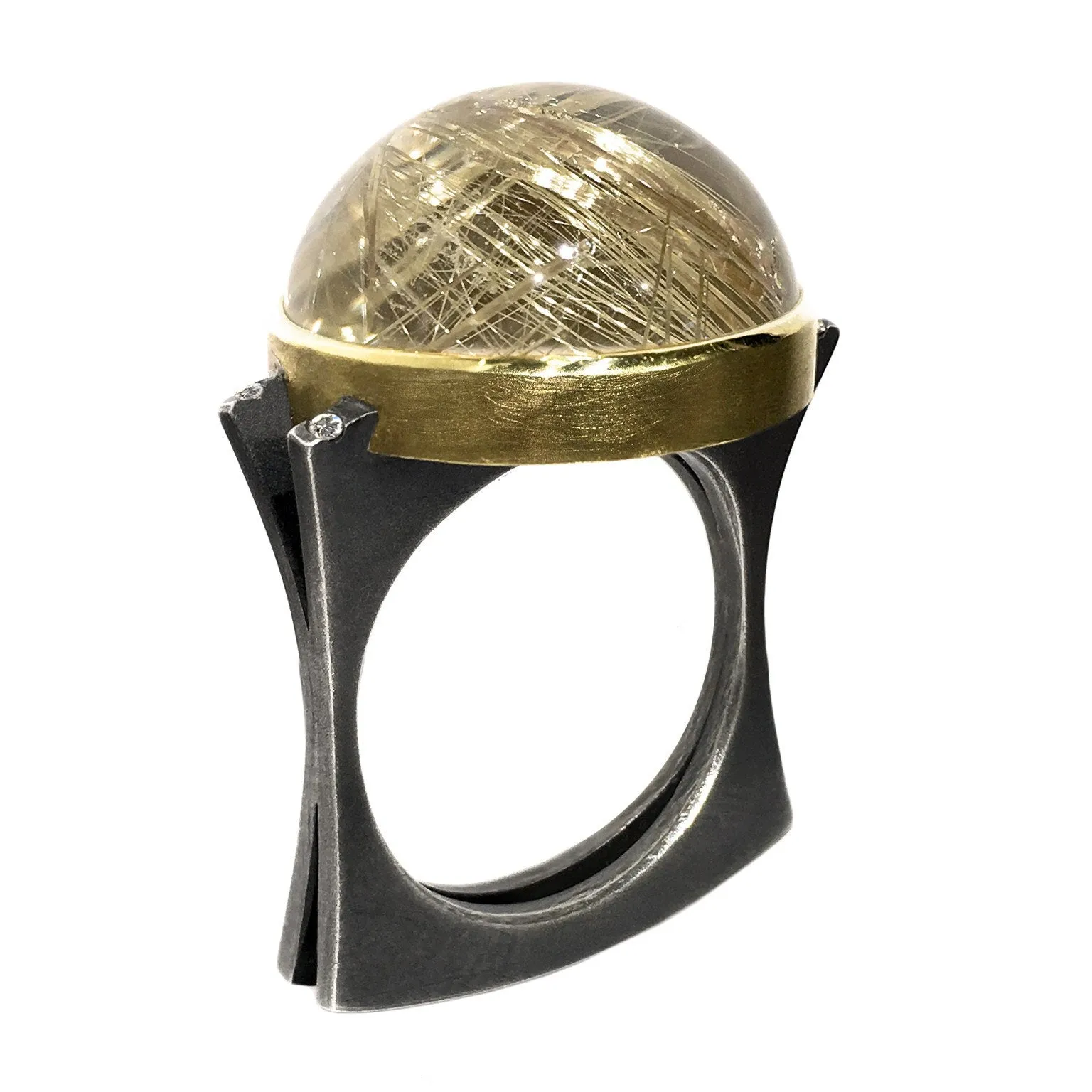 Robin Waynee Golden Rutilated Quartz Diamond Silver Gold Dome Ring