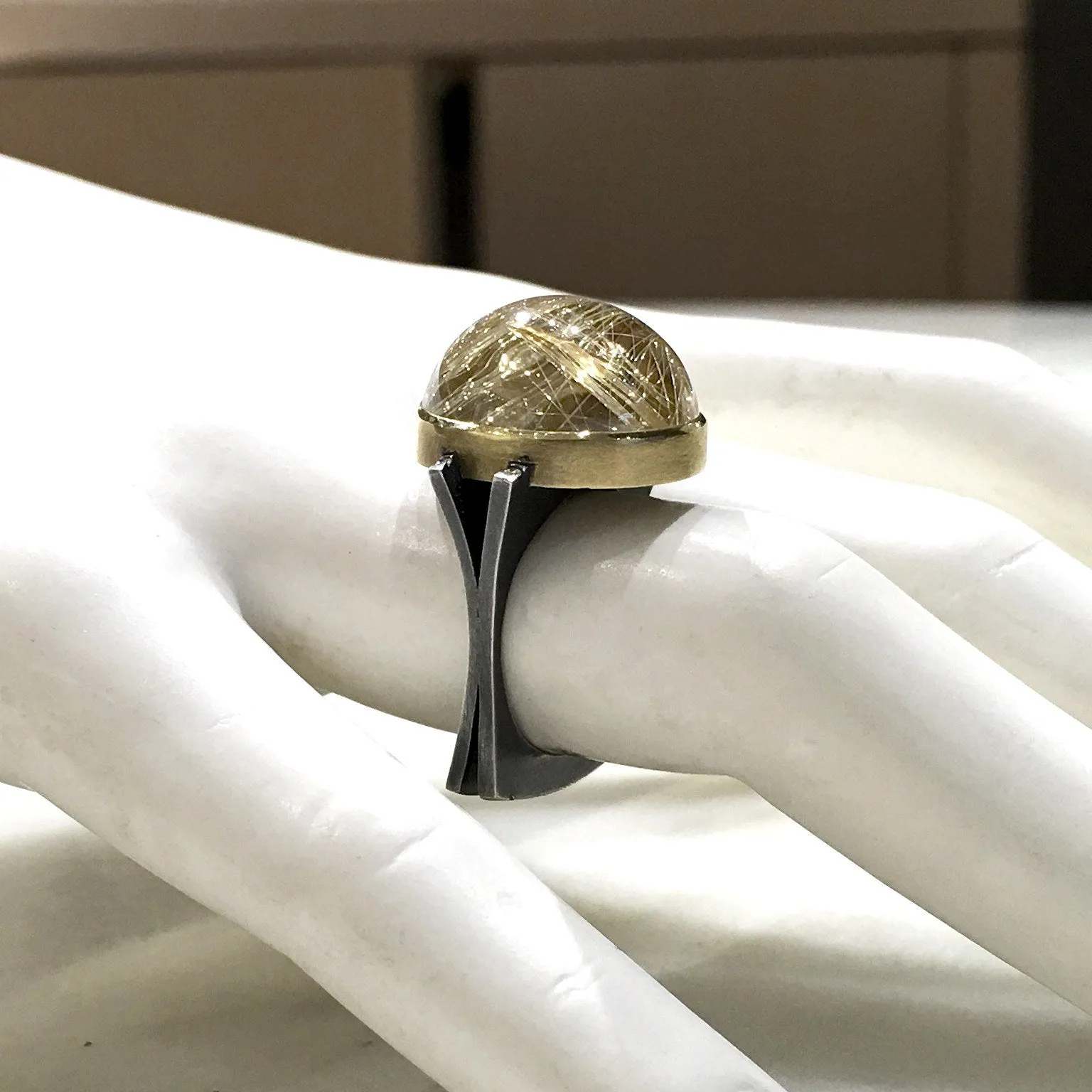 Robin Waynee Golden Rutilated Quartz Diamond Silver Gold Dome Ring