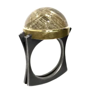 Robin Waynee Golden Rutilated Quartz Diamond Silver Gold Dome Ring