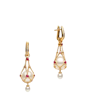 Ruby Lavalier Pearl Earrings | 12mm Button Pearls, Rubies, and Yellow Gold