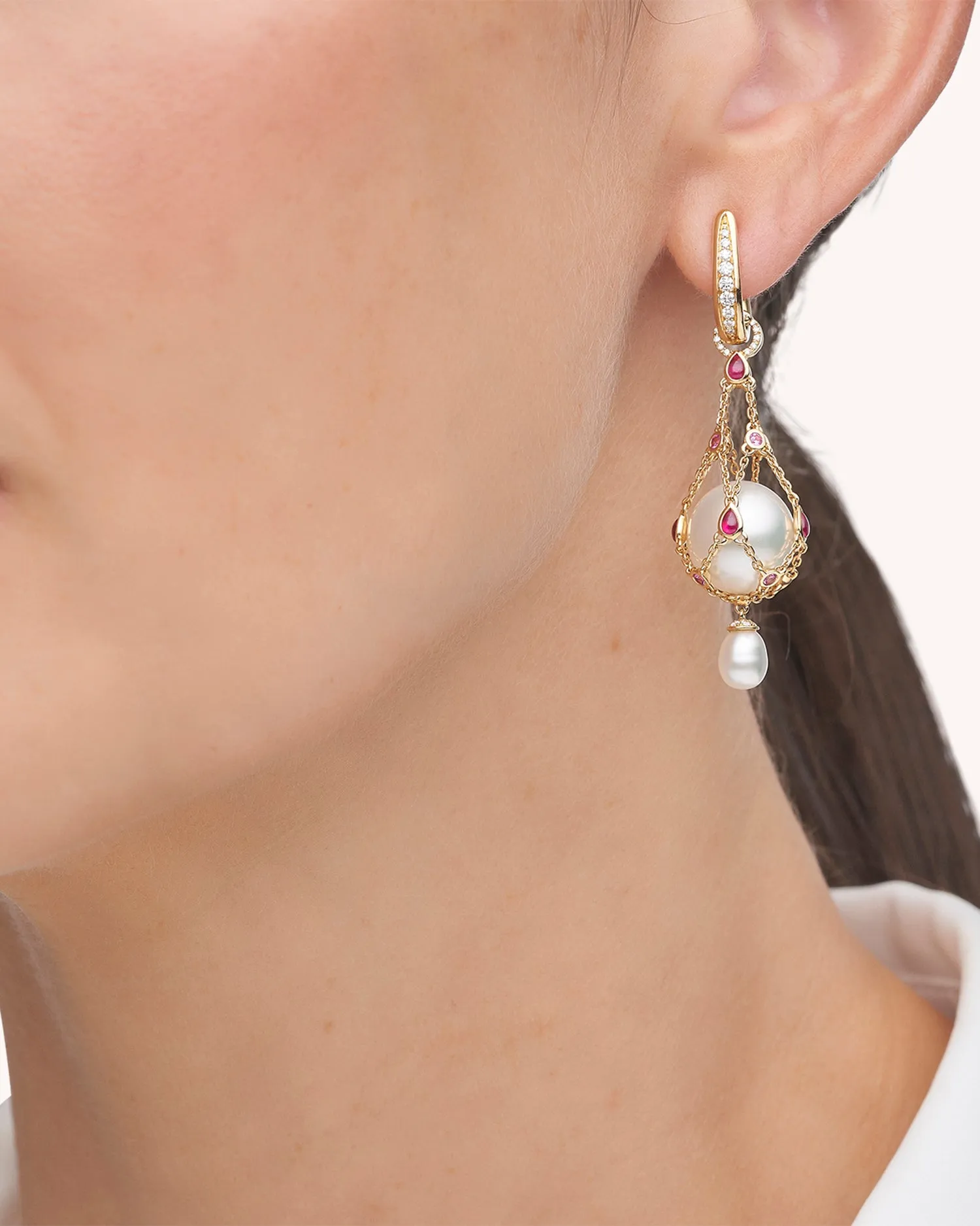 Ruby Lavalier Pearl Earrings | 12mm Button Pearls, Rubies, and Yellow Gold