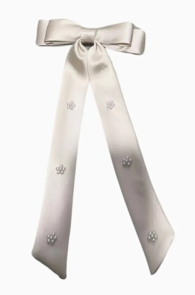 Satin Pearl Embellished Bow Hair Clip