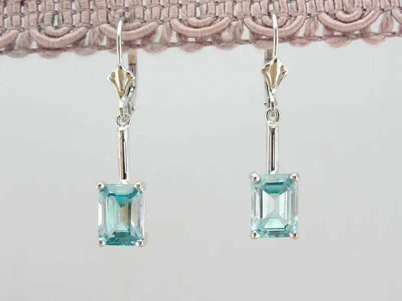 Simple Blue Zircon Drop Earrings in White Gold