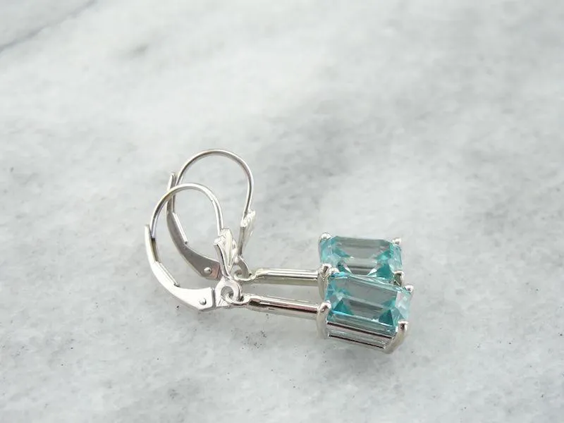 Simple Blue Zircon Drop Earrings in White Gold