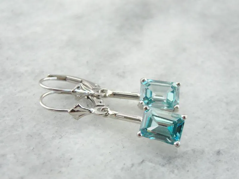 Simple Blue Zircon Drop Earrings in White Gold