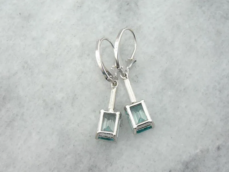 Simple Blue Zircon Drop Earrings in White Gold
