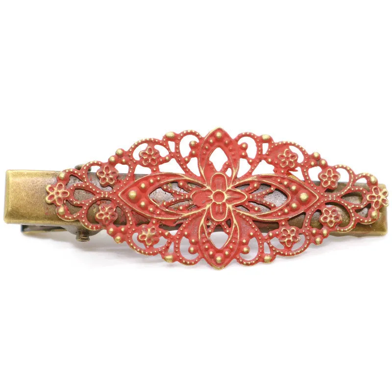 Simply Lovely Hair Clip - Hand Painted Ornate Floral Filigree on Alligator Clip