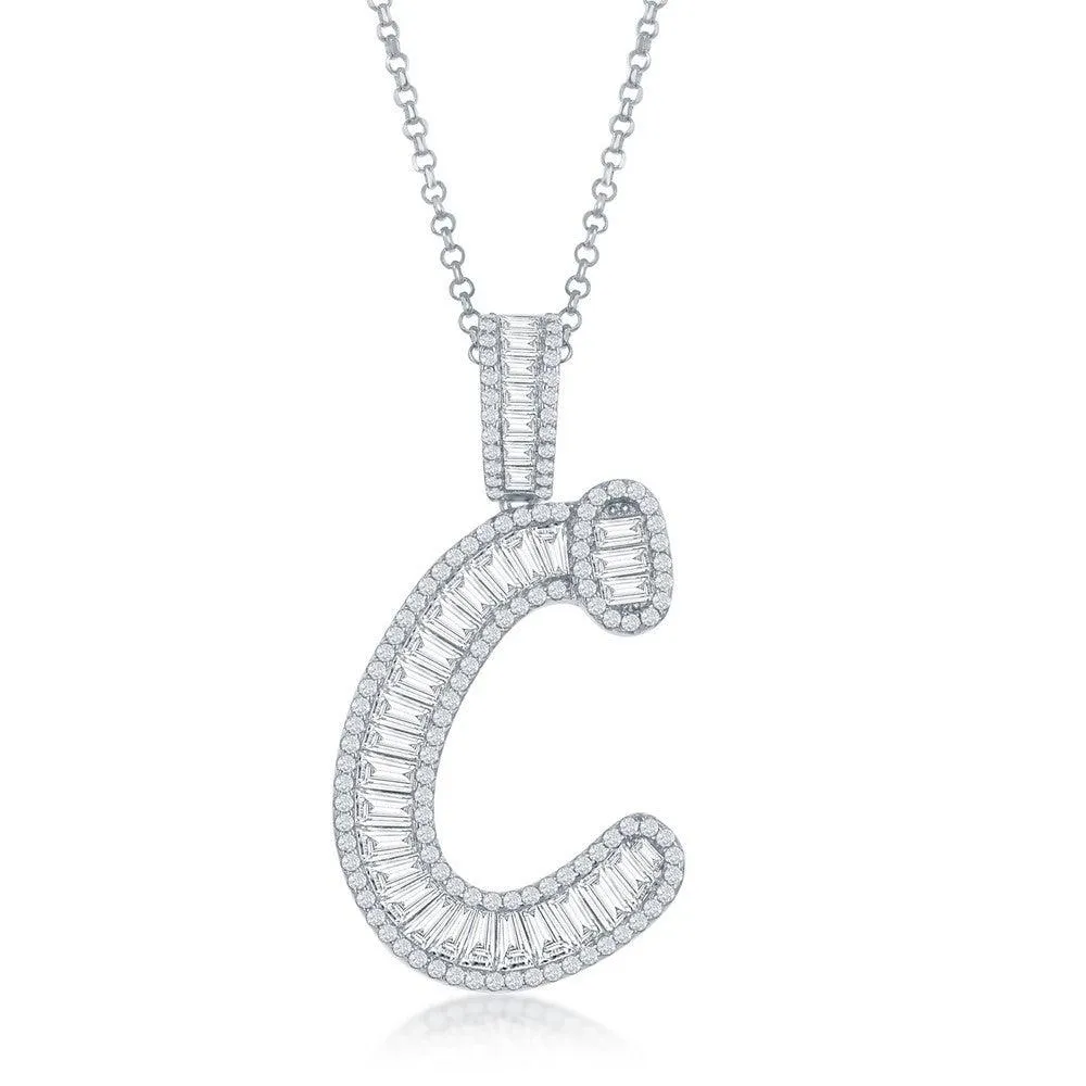 Sterling Silver C Initial Baguette CZ Pendant Chain