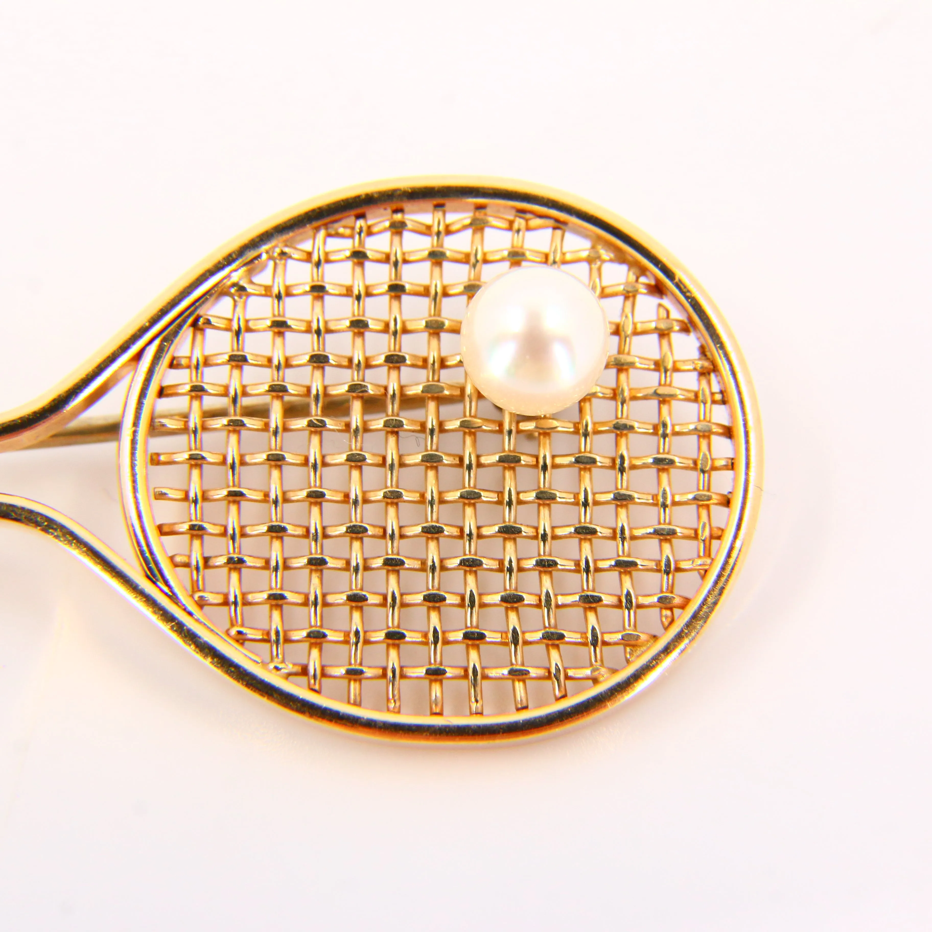 Vintage 9ct Gold Tennis Racket Brooch ?C Pearl Set Fine Jewellery Gift