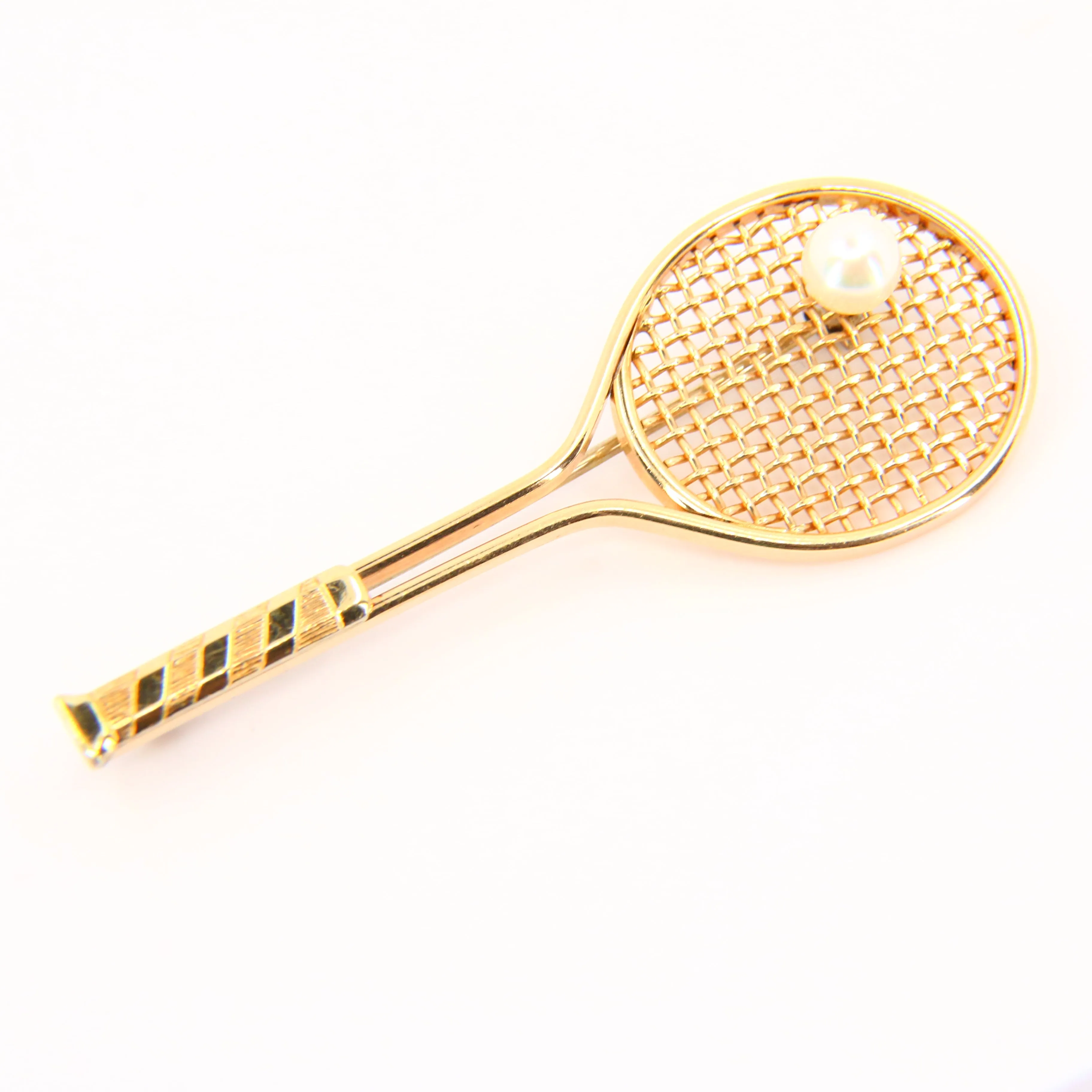 Vintage 9ct Gold Tennis Racket Brooch ?C Pearl Set Fine Jewellery Gift