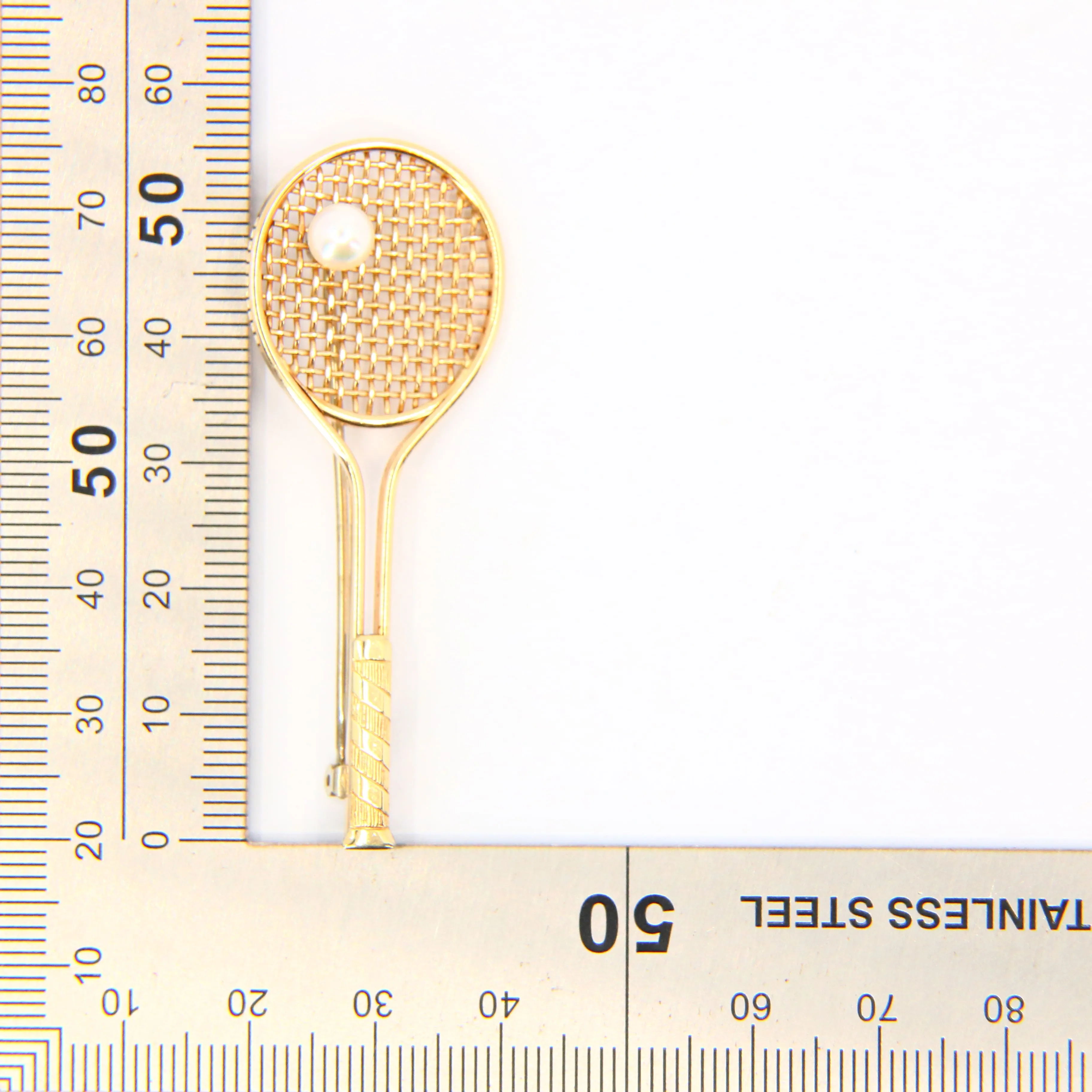Vintage 9ct Gold Tennis Racket Brooch ?C Pearl Set Fine Jewellery Gift