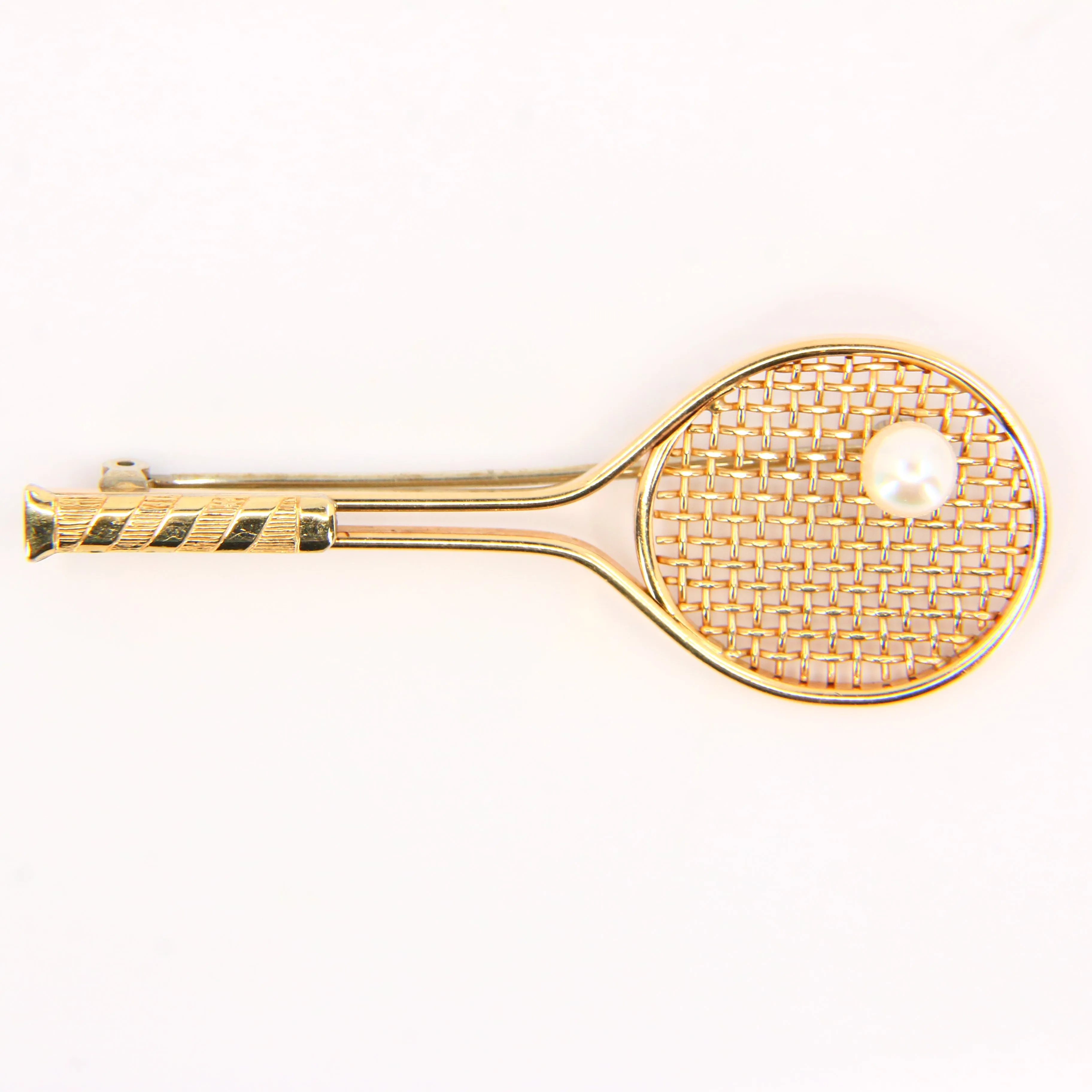 Vintage 9ct Gold Tennis Racket Brooch ?C Pearl Set Fine Jewellery Gift