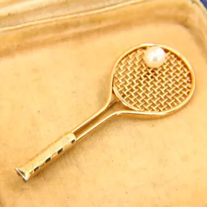 Vintage 9ct Gold Tennis Racket Brooch ?C Pearl Set Fine Jewellery Gift