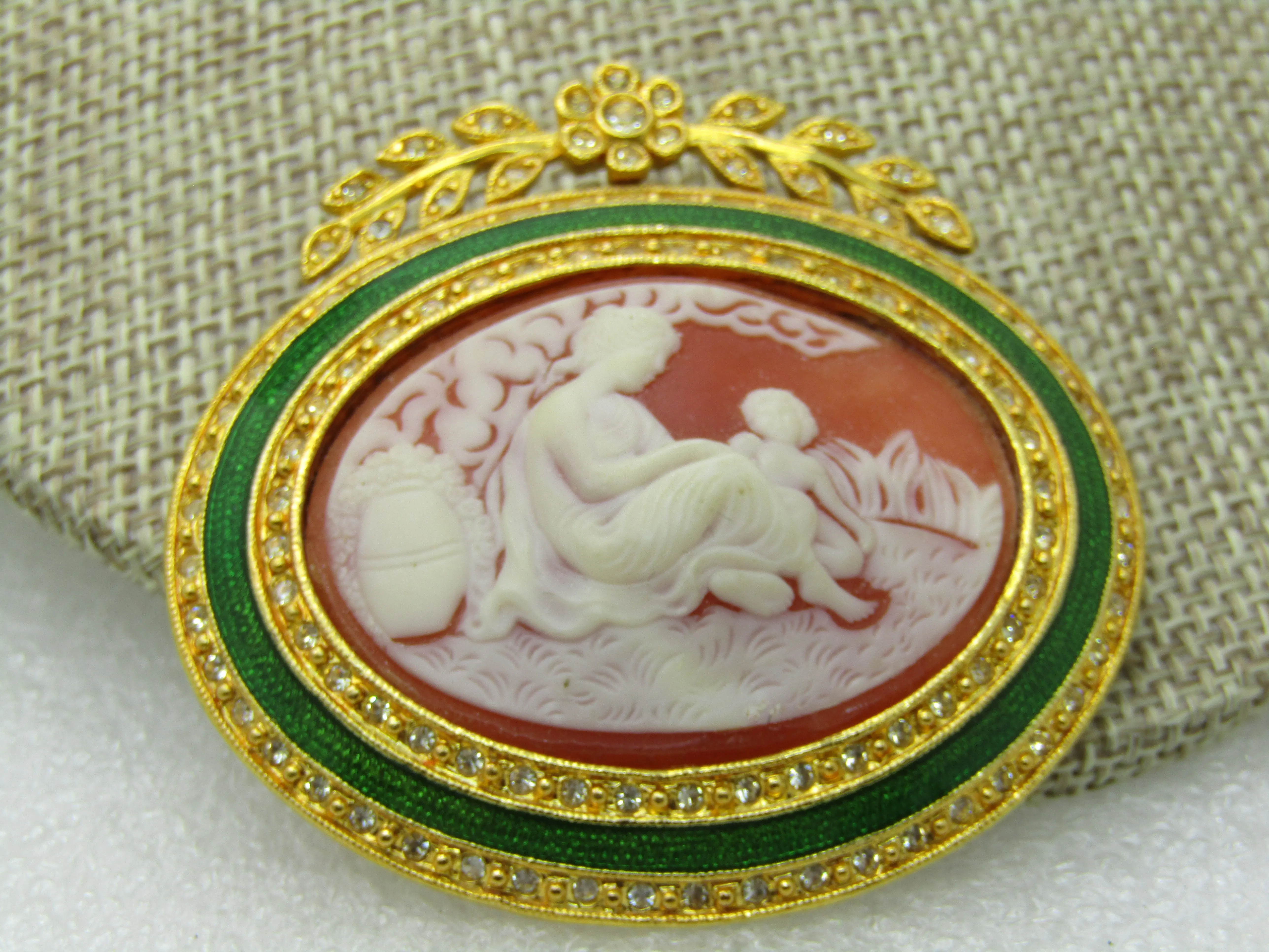 Vintage Joan Rivers Vintage Joan Rivers Enameled Rhinestone Framed Cameo Brooch, Floral Swag