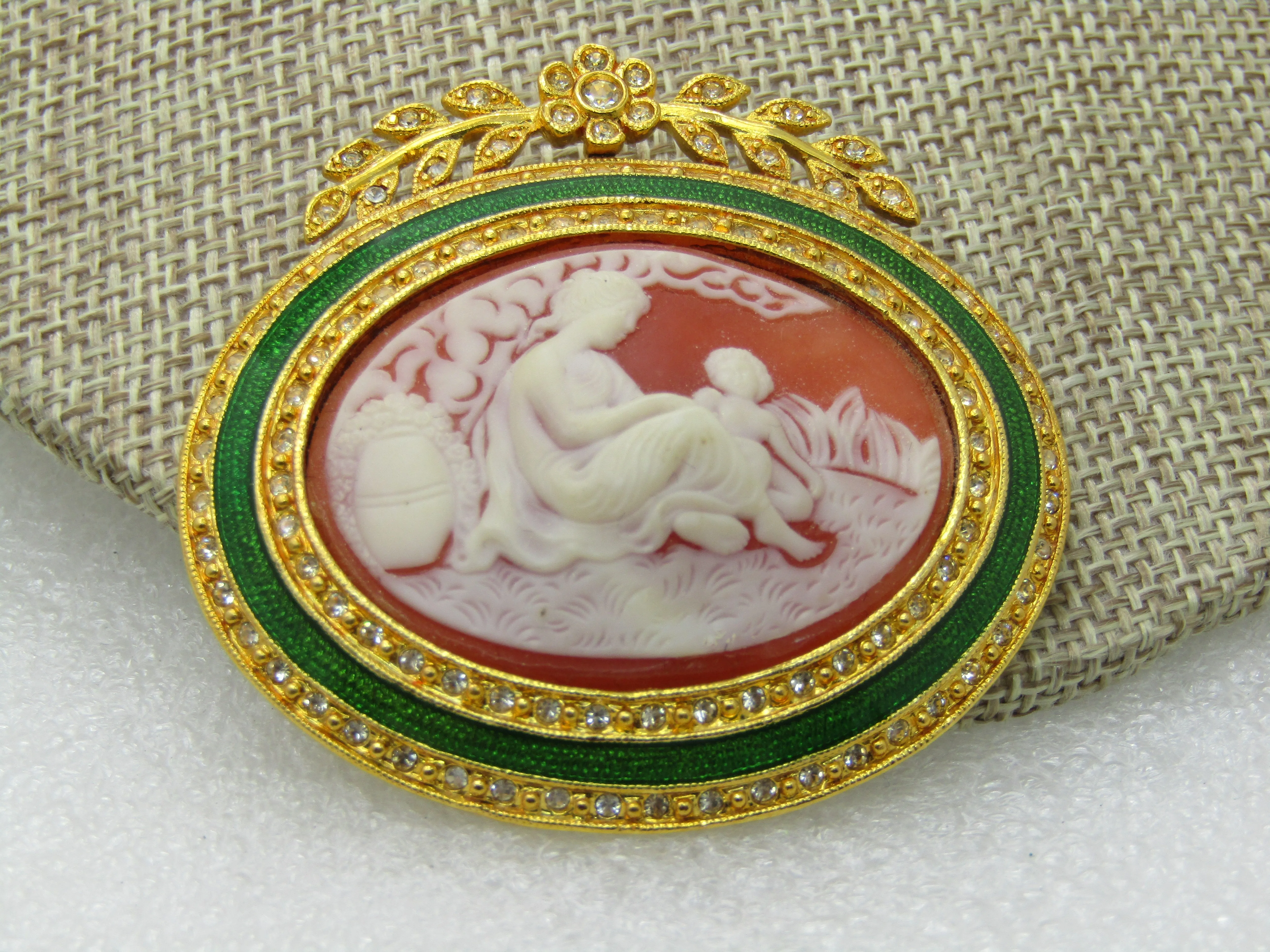Vintage Joan Rivers Vintage Joan Rivers Enameled Rhinestone Framed Cameo Brooch, Floral Swag