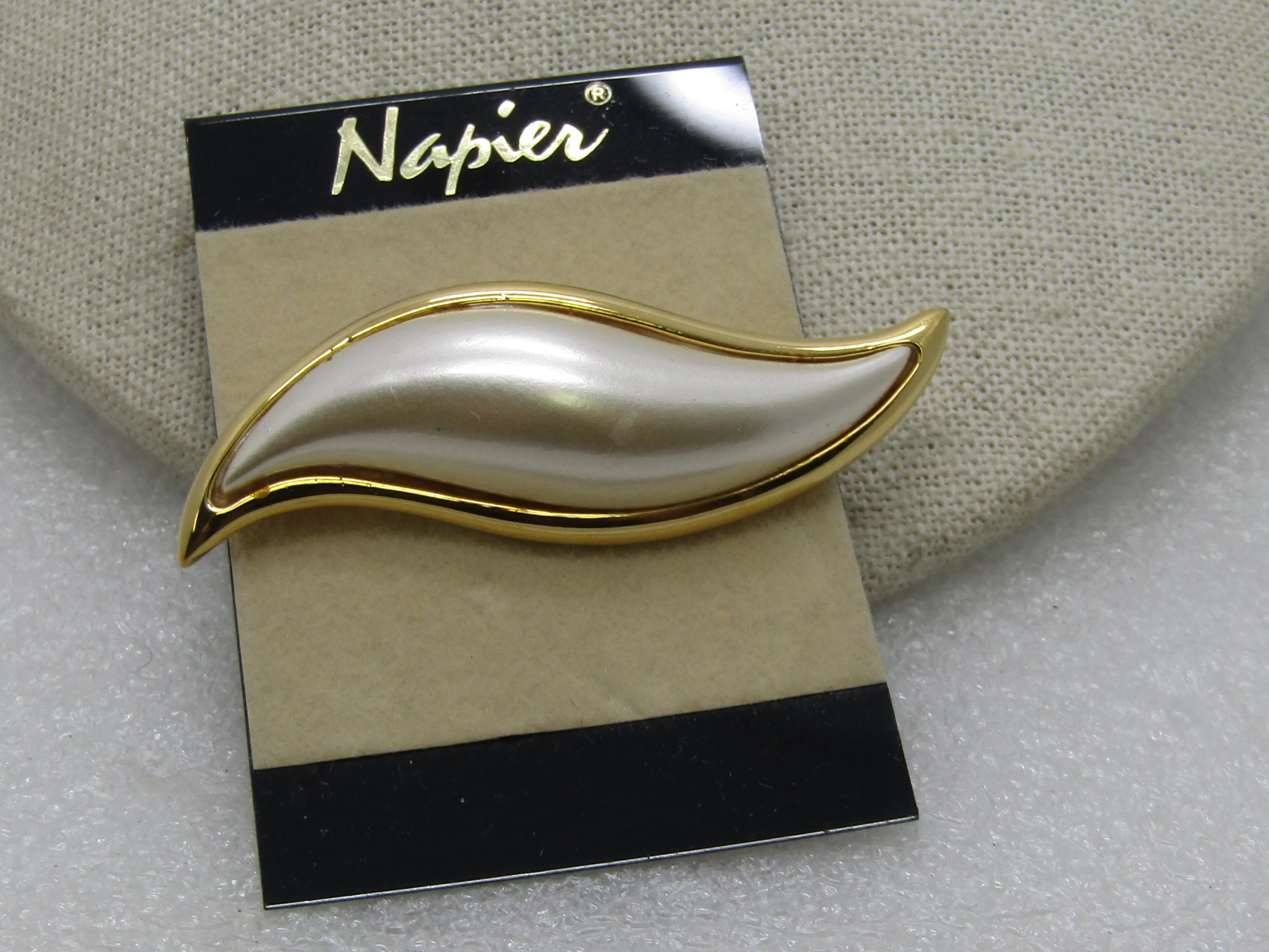 Vintage Napier Faux Pearl Brooch, Curved/Pointed, 2.75", Gold Tone, 1980's