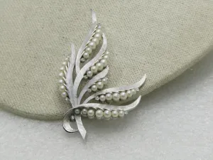 Vintage Trifari Faux Pearl and Rhinestone Stem Brooch, 3"