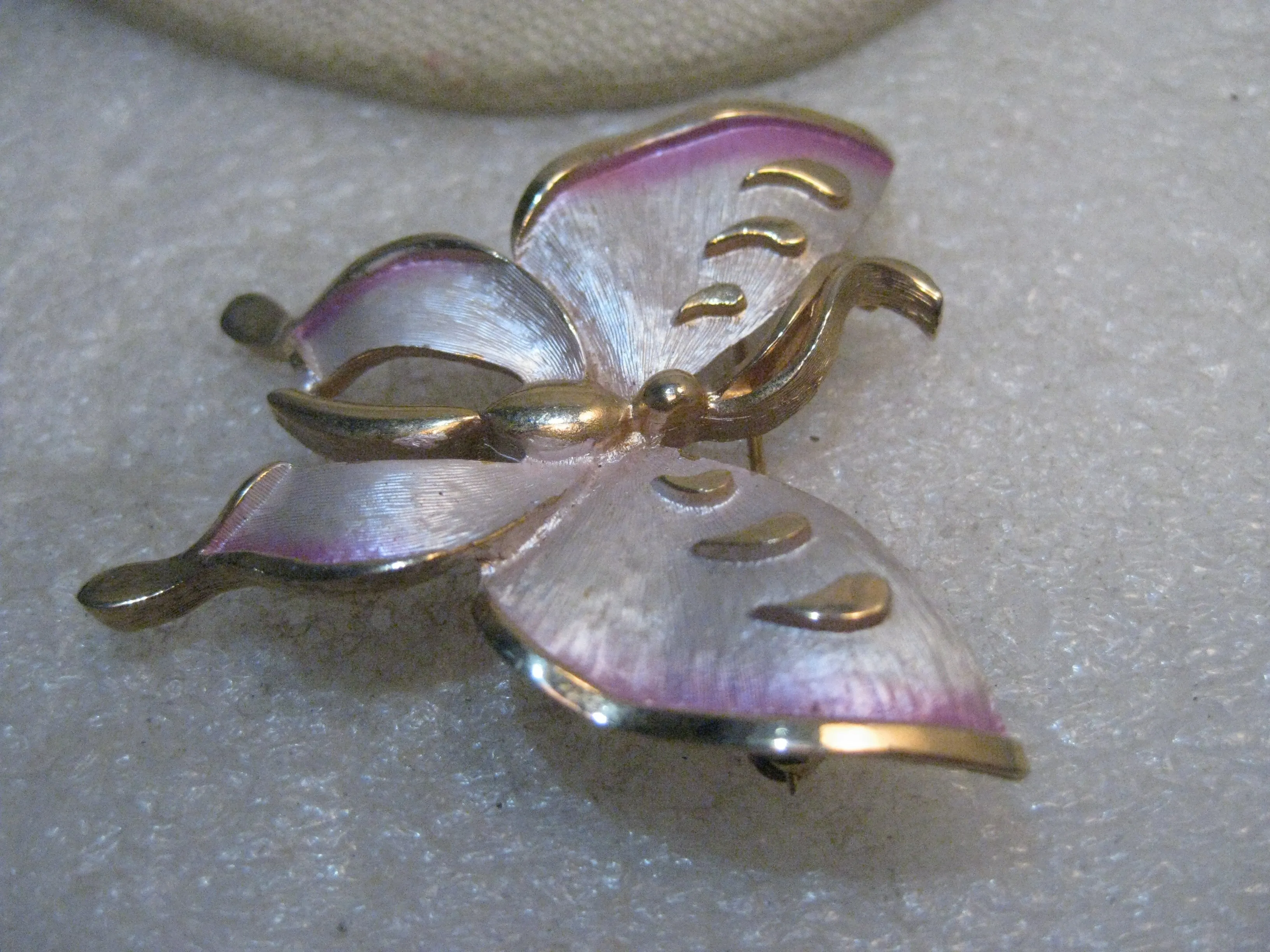 Vintage Two Tone Butterfly Brooch, Pink Enameling, 2", 1960's