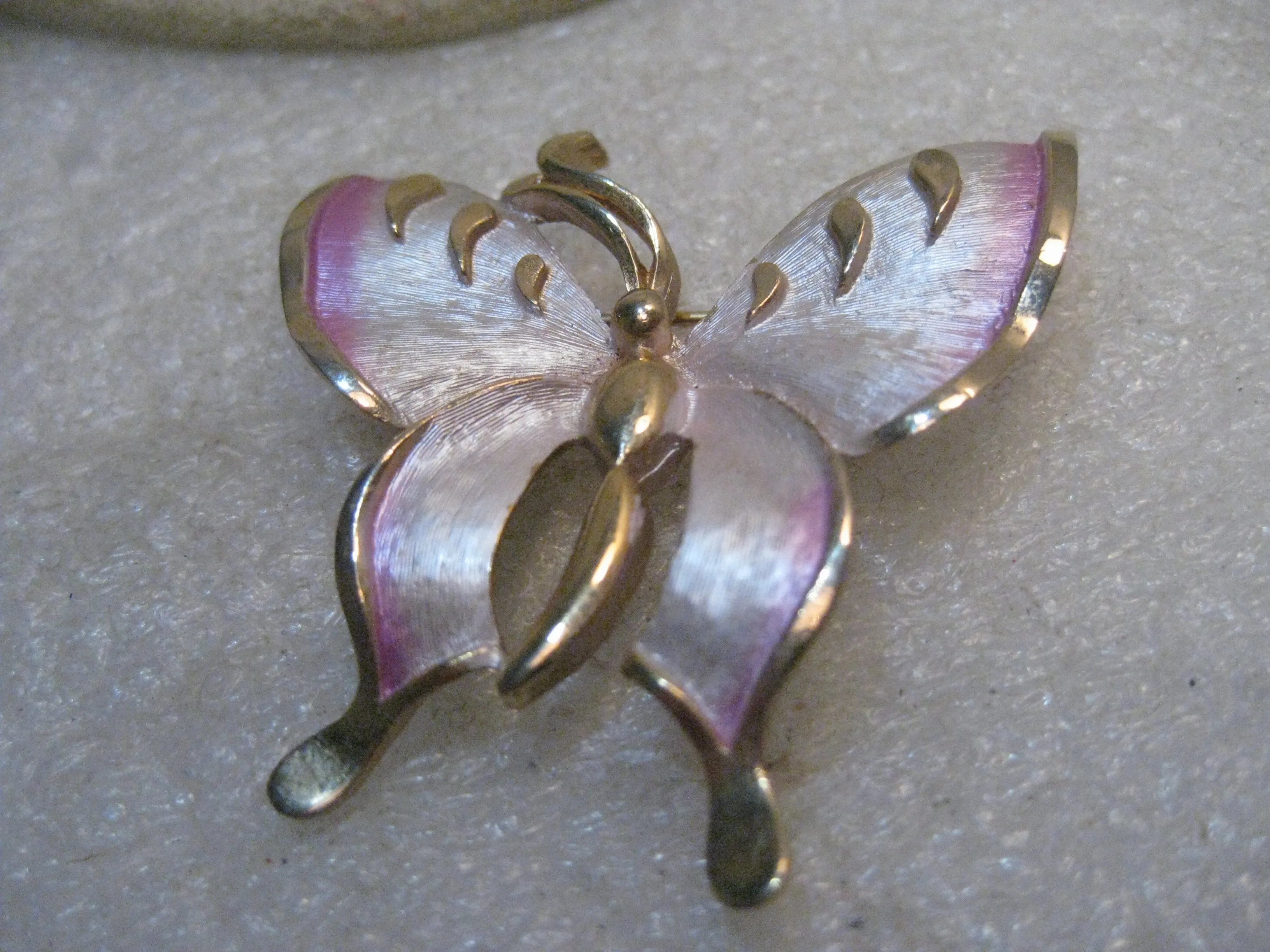 Vintage Two Tone Butterfly Brooch, Pink Enameling, 2", 1960's